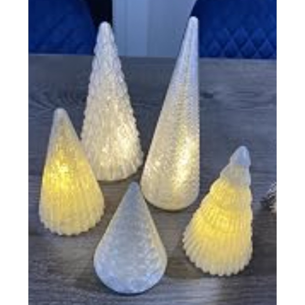 Decorative Tabletop Frosted White Plastic lighted Christmas trees, set of 5